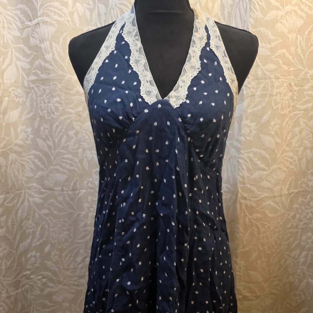 Wild Fable Navy Blue Polka Dot Chemise with Lace Trim And Halter Top